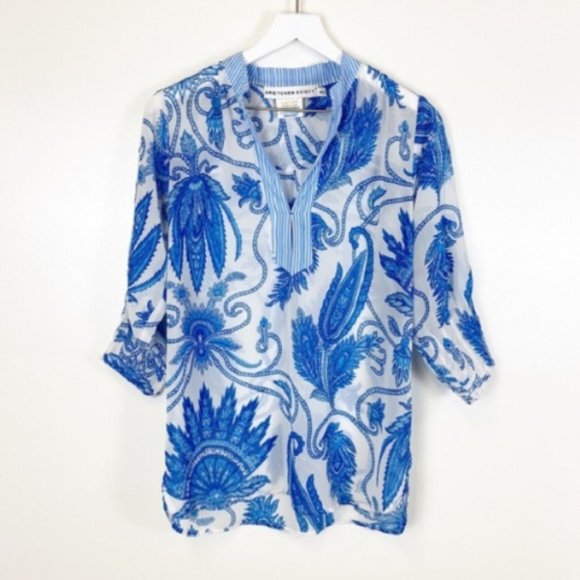 Gretchen Scott Designs Tops - Gretchen Scott Designs Blue Printed Chain Blouse
